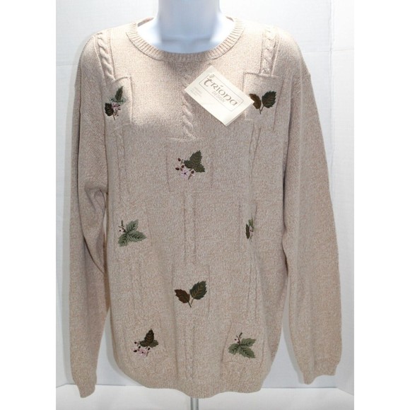 Triona Design Sweaters - Vtg. Triona Design Women's XXL Knit Sweater Tan Embroiled LS 100% Cotton Ireland
